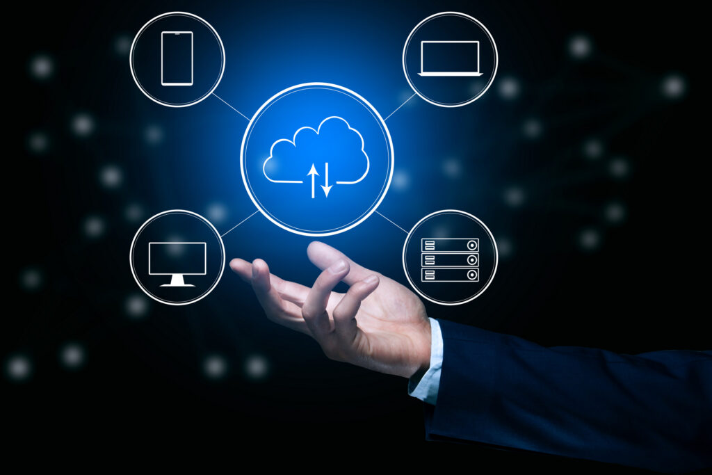 Man holding virtual cloud computing